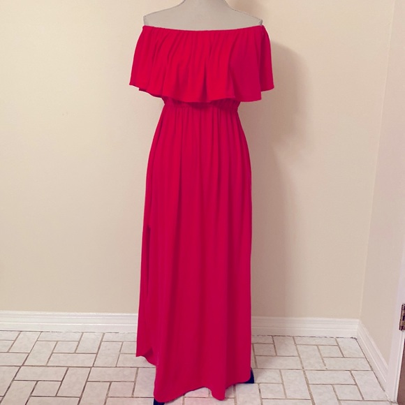 WOMENS OFF THE SHOULDER RUFFLE DRESS Size med SIDE SPLIT MAXI DRESS WITH POCKETS - Picture 1 of 14